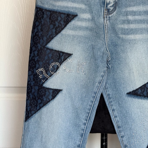 Light Blue Jeans with Black Lace Design and Star and Rock Rhinesones - Picture 2 of 8